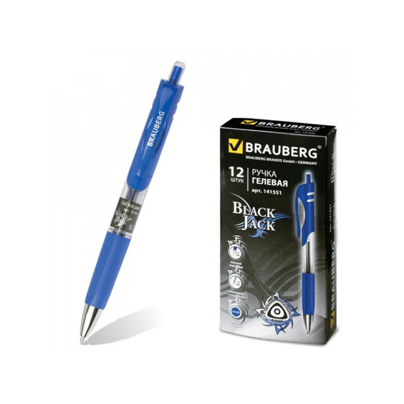 Ручка гелевая автоматическая BRAUBERG "Black Jack" трехгранная узел 0,7 мм линия 0,5 мм синяя 141551
