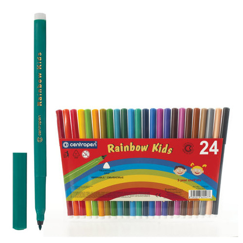 Фломастеры 24 ЦВЕТА CENTROPEN "Rainbow Kids", круглые, смываемые, вентилируемый колпачок, 7550/24ET, 7 7550 2402