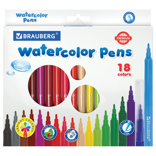 Фломастеры BRAUBERG "PREMIUM", 18 цветов, УЛЬТРАСМЫВАЕМЫЕ, классические, вентилируемый колпачок, картонная коробка с европодвесом