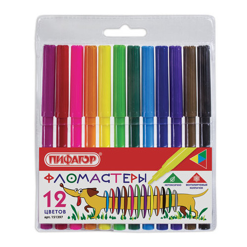 Фломастеры ПИФАГОР "Веселая такса", 12 цветов, вентилируемый колпачок