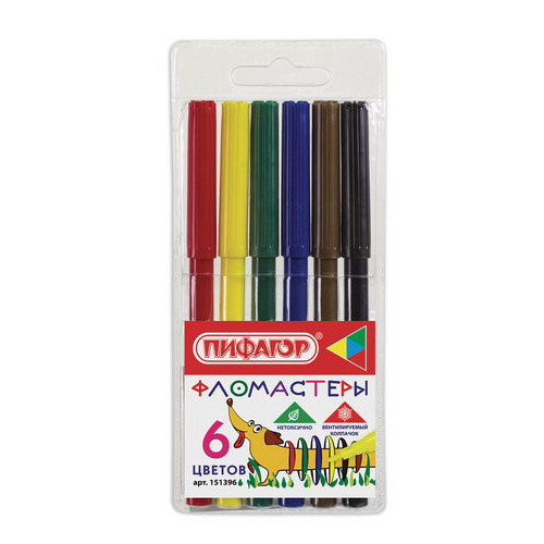 Фломастеры ПИФАГОР "Веселая такса", 6 цветов, вентилируемый колпачок