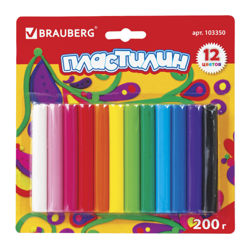 Пластилин классический BRAUBERG 12 цветов, 200 г, ВЫСШЕЕ КАЧЕСТВО, блистер