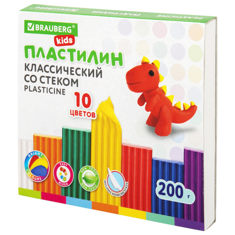 Пластилин классический BRAUBERG KIDS, 10 цветов, 200 г, со стеком