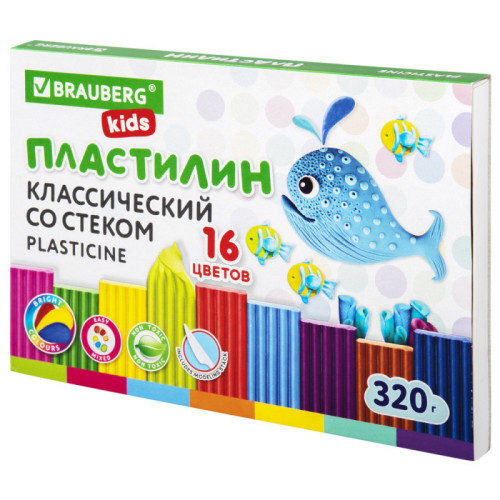 Пластилин классический BRAUBERG KIDS, 16 цветов, 320 г, со стеком