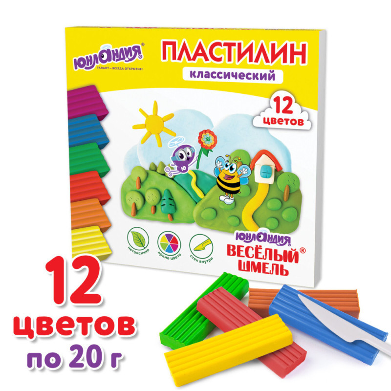 Пластилин классический ЮНЛАНДИЯ "ВЕСЁЛЫЙ ШМЕЛЬ", 12 цветов, 240 грамм, стек, ВЫСШЕЕ КАЧЕСТВО
