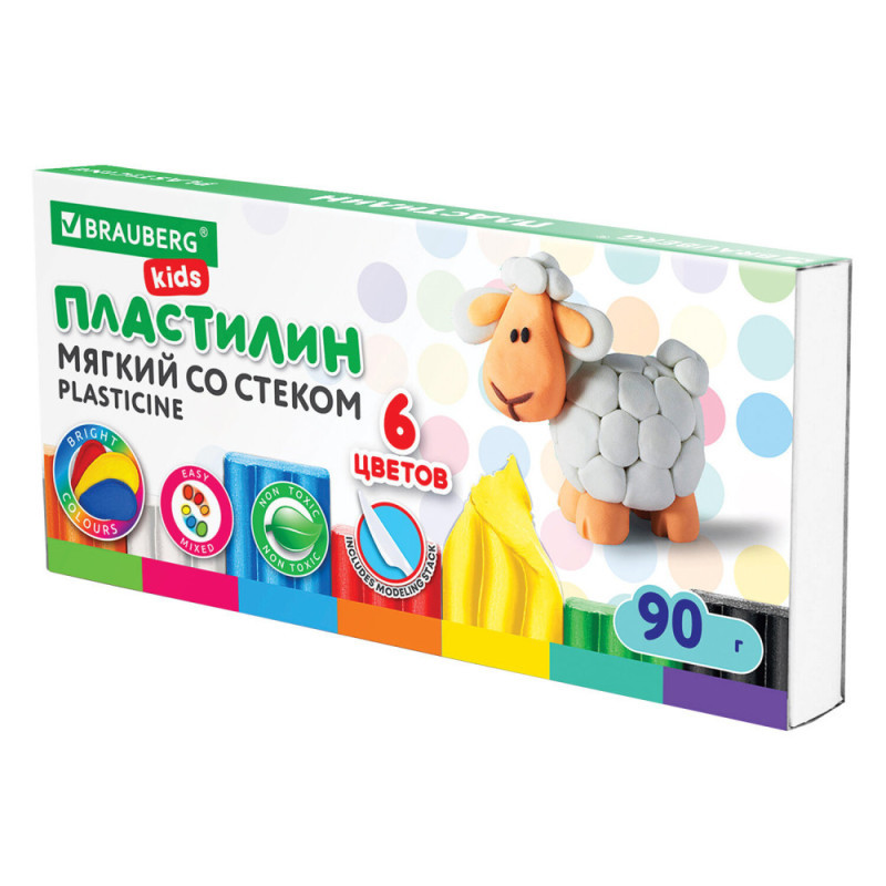 Пластилин мягкий восковой BRAUBERG "KIDS", 6 цветов, 90 г, со стеком