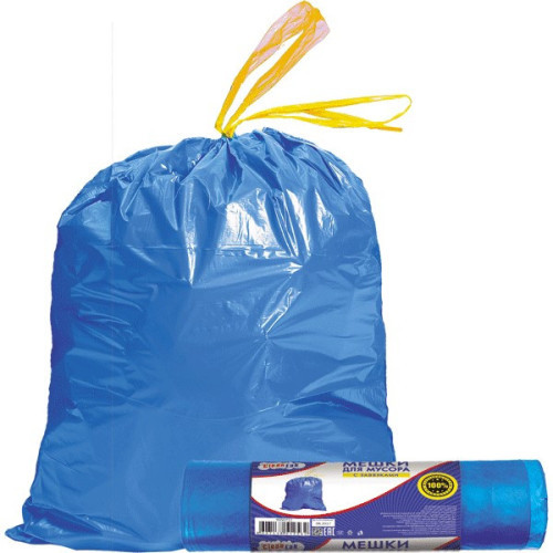 Пакеты для мусора на 35 листров, с завязками "CleanLab" 350x60 см, ПНД, 12 мкм, 15 шт/рулон, тип дна "прямой" синие