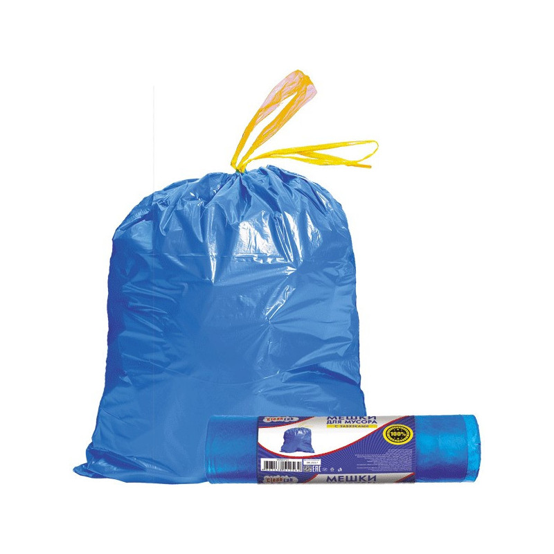 Пакеты для мусора на 35 листров, с завязками "CleanLab" 350x60 см, ПНД, 12 мкм, 15 шт/рулон, тип дна "прямой" синие