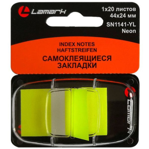 Клейкие закладки пластиковые Lamark, 44х24 мм, неон желтый, 20 закладок, Z-сложение, диспенсер