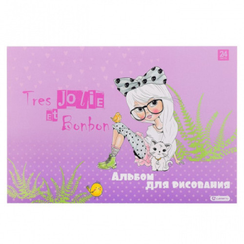 Альбом для рисования 24л. на склейке "Девочка с котиком", выб. уф-лак,  блок - офсет 100г/м