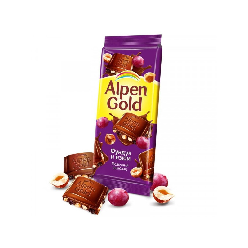 Шоколад Alpen Gold молочный с фундуком и изюмом 90 грамм